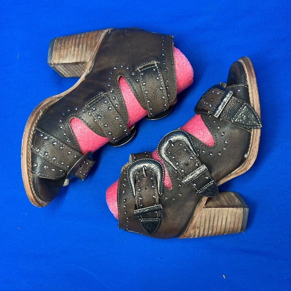 •|•FREEBIRD BY STEVEN•| Brown Violet Leather Triple Buckle Bootie/Sandal Sz 6-7 - Picture 4 of 16